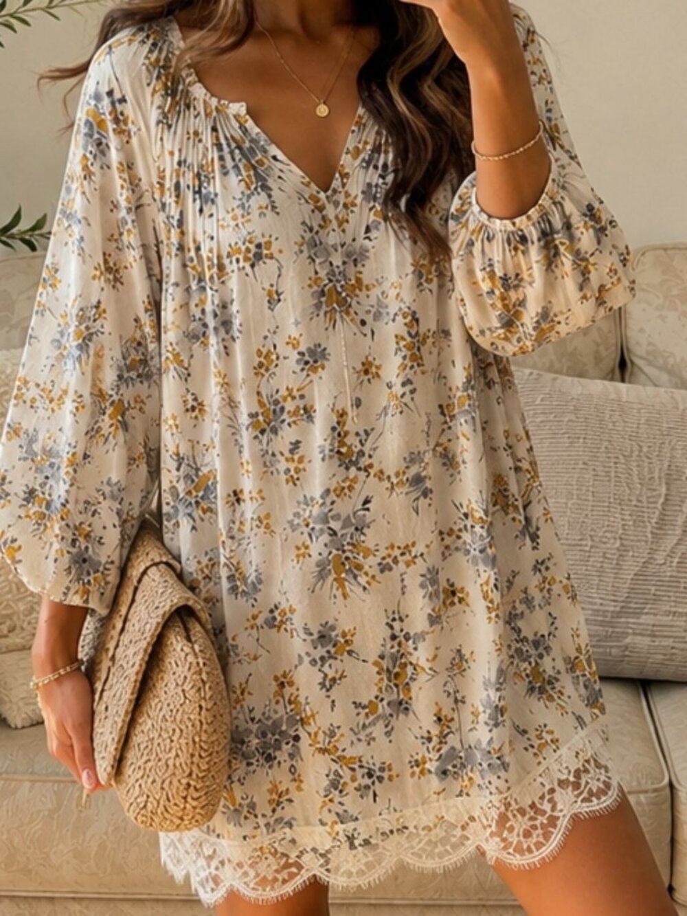 Michael Stars Floral Lace Trim Mini Shift Dress White Romantic Size M Prairie